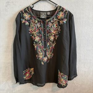 Black Embroidered Floral Tunic Blouse